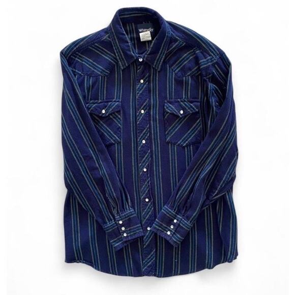 Vintage Wrangler Blue Green Stripe Flannel Button-Up with pearl snaps size XXL - Picture 4 of 6